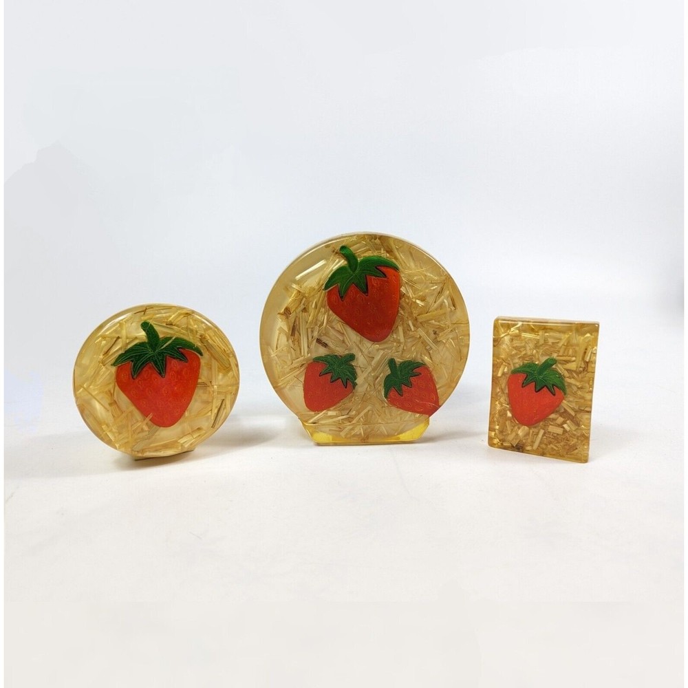 Colorful Lucite Strawberries Napkin Holder Toothpicks Holder Kitchen Set 60s 70s